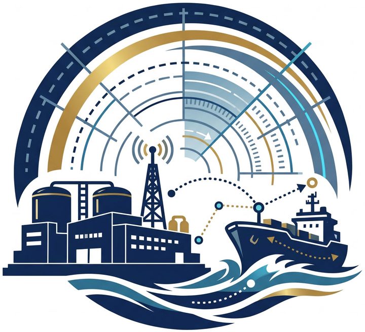Illustration of an installation, a fuel terminal and a supply ship connected by rerouting supply lines under a radar sweep